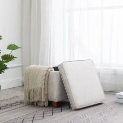 Square Storage Ottoman with Piping and Lift Off Lid Distressed Tan Faux Leather - WOVENBYRD