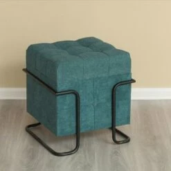 Fabulaxe Square Fabric Storage Ottoman with Black Metal Frame