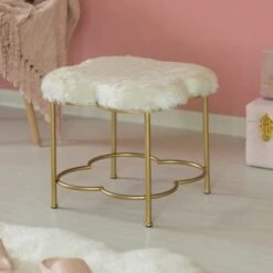 Ottomans Official Shop 25 Fabulaxe Cloud Shaped White Fur Gold Vanity Stool