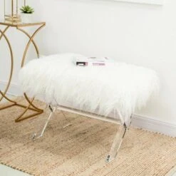 26" Faux Fur Upholstered Bench with Acrylic X Leg White - Glitzhome