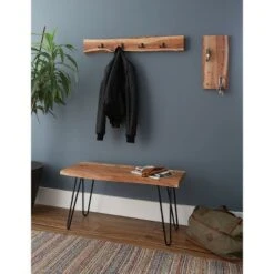 36" Hairpin Live Edge Wood Bench with Coat Hook Set Natural - Alaterre Furniture