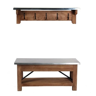 Millwork Bench with Coat Hook Shelf Wood and Zinc Metal Silver/Light Amber - Alaterre Furniture 3 Millwork Bench with Coat Hook Shelf Wood and Zinc Metal Silver/Light Amber - Alaterre Furniture
