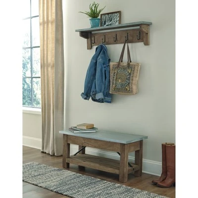 Millwork Bench with Coat Hook Shelf Wood and Zinc Metal Silver/Light Amber - Alaterre Furniture 4 Millwork Bench with Coat Hook Shelf Wood and Zinc Metal Silver/Light Amber - Alaterre Furniture – Image 2