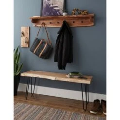 48" Hairpin Live Edge Wood Bench with Coat Hook Shelf Set Natural - Alaterre Furniture