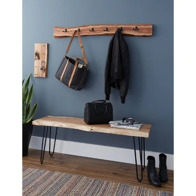 48" Hairpin Live Edge Wood Bench with Coat Hook Set Natural - Alaterre Furniture 3 48" Hairpin Live Edge Wood Bench with Coat Hook Set Natural - Alaterre Furniture