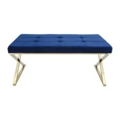 Rectangle X Legs Velveteen Bench Blue/Gold - Sagebrook Home