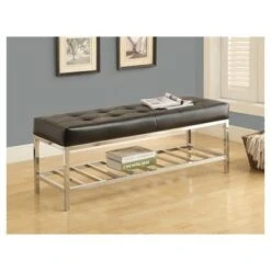 Bench - 48"L - Black Leather Look, Chrome Metal - EveryRoom