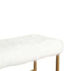 Upholstered Rectangular Bench with Crossed Metal Base White/Gold - Benzara