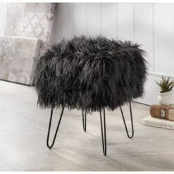 Miranda Faux Fur Stool - Buylateral Black