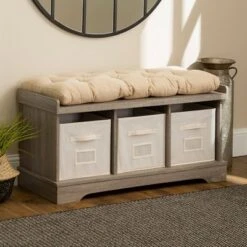 42" Upholstered Wood Entryway Bench with Storage - Saracina Home Driftwood