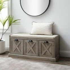 Farmhouse 40" 3 Drawer Storage Bench with Cushion - Saracina Home Rustic Oak/white/gray