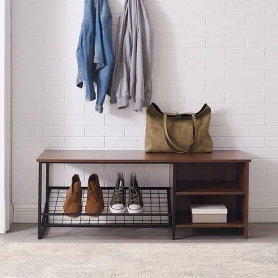 48" Urban Industrial Entry Bench with Shoe Storage - Saracina Home Dark Walnut 4 48" Urban Industrial Entry Bench with Shoe Storage - Saracina Home Dark Walnut – Image 2