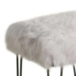 Metal Framed Stool with Faux Fur Upholstered Seat Gray and Black - Benzara