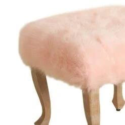 Square Wooden Stool with Faux Fur Upholstered Seat and Cabriole Legs Pink/Brown - Benzara