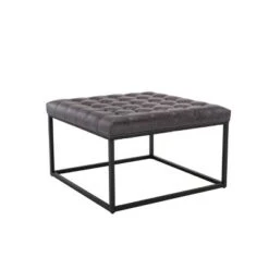 28" Square Button Tufted Metal Ottoman - WOVENBYRD Distressed Black Faux Leather