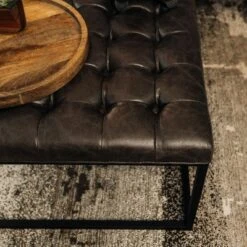 28" Square Button Tufted Metal Ottoman - WOVENBYRD Distressed Black Faux Leather -Ottomans Official Shop unnamed file 4292
