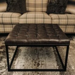 28" Square Button Tufted Metal Ottoman - WOVENBYRD Distressed Black Faux Leather -Ottomans Official Shop unnamed file 4297