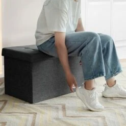 Costway 31.5''Fabric Foldable Storage Ottoman Toy Chest W/Removable Storage Bin Grey Dark Grey -Ottomans Official Shop unnamed file 4366