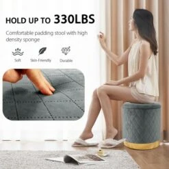 Costway Gymax Round Storage Ottoman Soft Padded Footrest Vanity Stool Shoe Bench Pink/Grey -Ottomans Official Shop unnamed file 4486