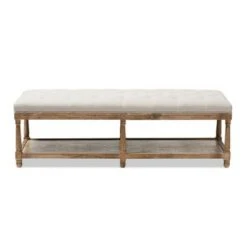 Celeste French Country Weathered Oak - Linen Upholstered Ottoman Bench Beige - Baxton Studio
