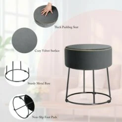 Costway Gymax Velvet Ottoman Round Footrest Vanity Stool Extra Seat w/Metal Legs Pink/Grey -Ottomans Official Shop unnamed file 4980