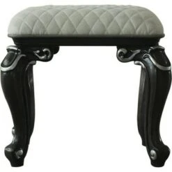 Backless Stool with Cushion Seat and Cabriole Legs Gray/White - Benzara