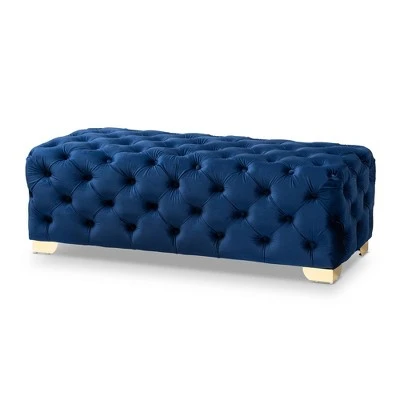 Avara Velvet Button Tufted Bench Ottoman - Baxton Studio Blue 13 Avara Velvet Button Tufted Bench Ottoman - Baxton Studio Blue – Image 11