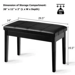 Costway Solid Wood PU Leather Piano Bench Padded Double Duet Keyboard Seat Storage Black