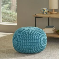 Nahunta Modern Knitted Cotton Round Pouf - Christopher Knight Home Coral