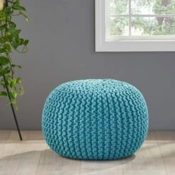 Moro Handcrafted Modern Cotton Pouf - Christopher Knight Home Aqua