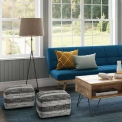 Portia Square Pouf - WyndenHall Patterned Blue Melange