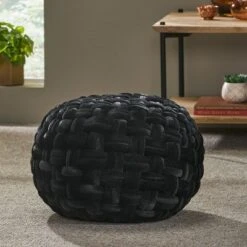 Negley Modern Glam Cable Weave Velvet Round Pouf - Christopher Knight Home Black