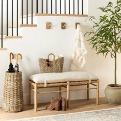 Threshold Designed W/Studio McGee Emery Wood and Upholstered Bench with Straps Natural - Threshold™ designed with Studio McGee