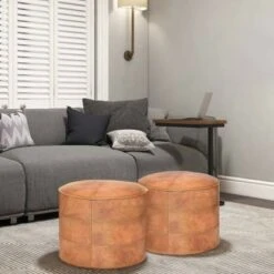 Darian Round Pouf Distressed Light Brown Leather - WyndenHall