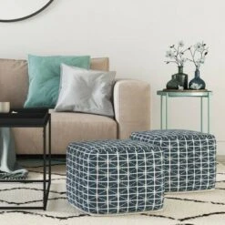 Tatum Square Pouf - WyndenHall Dark Blue/white