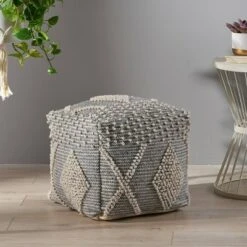 Brinket Contemporary Faux Yarn Pouf Ottoman Ivory/Gray - Christopher Knight Home -Ottomans Official Shop unnamed file 5639