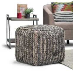 Morell Cube Pouf Natural/Blue - WyndenHall