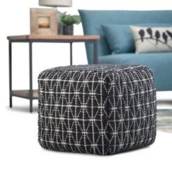 Burrell Transitional Cube Pouf in Dark Blue/White - WyndenHall