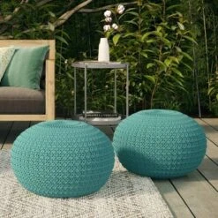 Holloway Round Knitted PET Polyester Pouf Aqua - WyndenHall