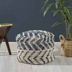 Freesia Boho Wool and Cotton Large Ottoman Pouf White/Blue - Christopher Knight Home -Ottomans Official Shop unnamed file 5772