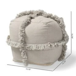 Alfro Handwoven Cotton Fringe Pouf Ottoman - Baxton Studio Gray