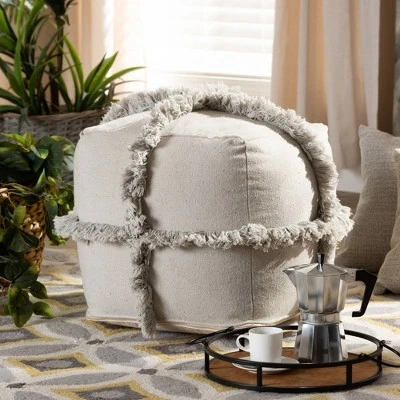 Alfro Handwoven Cotton Fringe Pouf Ottoman - Baxton Studio Gray 4 Alfro Handwoven Cotton Fringe Pouf Ottoman - Baxton Studio Gray – Image 2