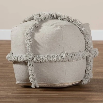 Alfro Handwoven Cotton Fringe Pouf Ottoman - Baxton Studio Gray 5 Alfro Handwoven Cotton Fringe Pouf Ottoman - Baxton Studio Gray – Image 3