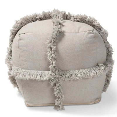 Alfro Handwoven Cotton Fringe Pouf Ottoman - Baxton Studio Gray 7 Alfro Handwoven Cotton Fringe Pouf Ottoman - Baxton Studio Gray – Image 5