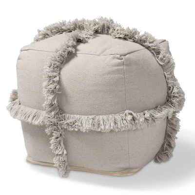 Alfro Handwoven Cotton Fringe Pouf Ottoman - Baxton Studio Gray 8 Alfro Handwoven Cotton Fringe Pouf Ottoman - Baxton Studio Gray – Image 6