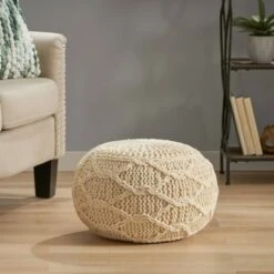 Morven Handmade Boho Fabric Pouf Cream - Christopher Knight Home