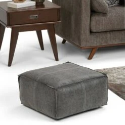 Polly Square Pouf Distressed Black Faux Leather - WyndenHall