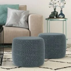 Brodie Round Braided Pouf Aegean Blue/Natural - WyndenHall