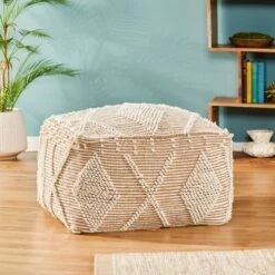 Brinket Large Contemporary Handcrafted Faux Yarn Square Pouf Ivory/Taupe - Christopher Knight Home