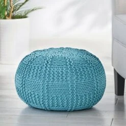 Hortense Modern Knitted Cotton Round Pouf - Christopher Knight Home Blue